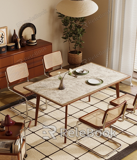 Modern restaurant dining table, bucket cabinet, side table, rattan chair, venetian blinds model