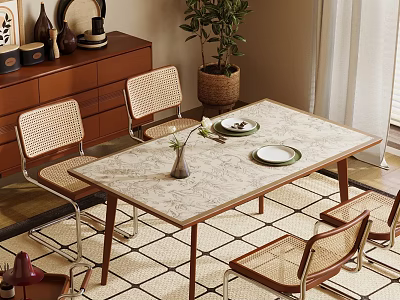 Cozy Dining Room with Wicker Chairs Dining Table Plates Vase Cabinet Plant and Checkered Rug 3d model