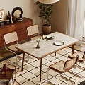 Cozy Dining Room with Wicker Chairs Dining Table Plates Vase Cabinet Plant and Checkered Rug