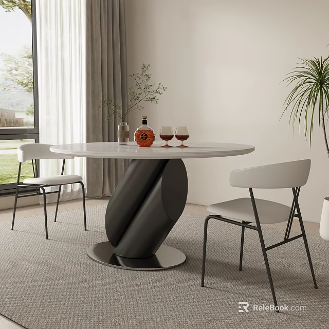 Modern Round Dining Table with Black Curved Base White Chairs Decorative Vase and Wine Glasses 3d model 