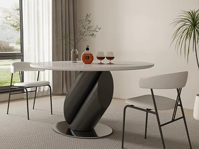 Modern Round Dining Table with Black Curved Base White Chairs Decorative Vase and Wine Glasses 3d model