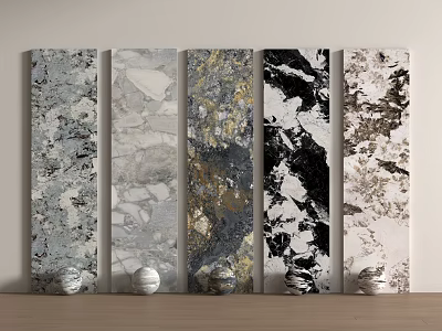 Various Patterned Marble Texture Wall Panels in Gray White Gold Black with Spherical Decorations Below 3d model