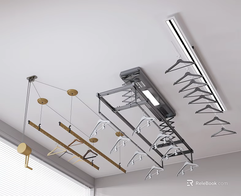 Ceiling Mounted Clothes Drying Equipment With Various Racks Metal Rods And Hangers 3d model 