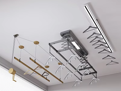 Ceiling Mounted Clothes Drying Equipment With Various Racks Metal Rods And Hangers 3d model