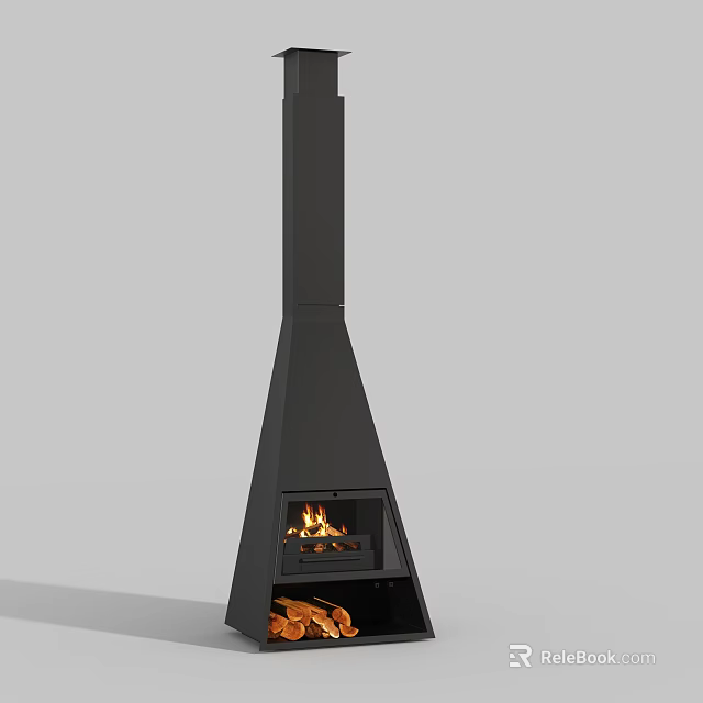 Modern Black Fireplace With Conical Structure Tall Chimney And Burning Flames 3d model 