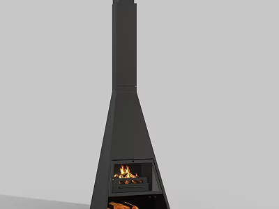 Modern Black Fireplace With Conical Structure Tall Chimney And Burning Flames 3d model