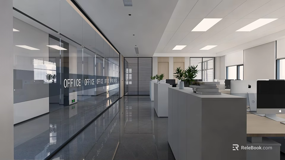 Modern Public Office Area With Glass Partitions Bright Lighting Sleek Flooring Reception Desk And Plants 3d model 