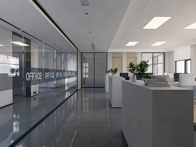 Modern Public Office Area With Glass Partitions Bright Lighting Sleek Flooring Reception Desk And Plants 3d model
