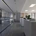 Modern Public Office Area With Glass Partitions Bright Lighting Sleek Flooring Reception Desk And Plants