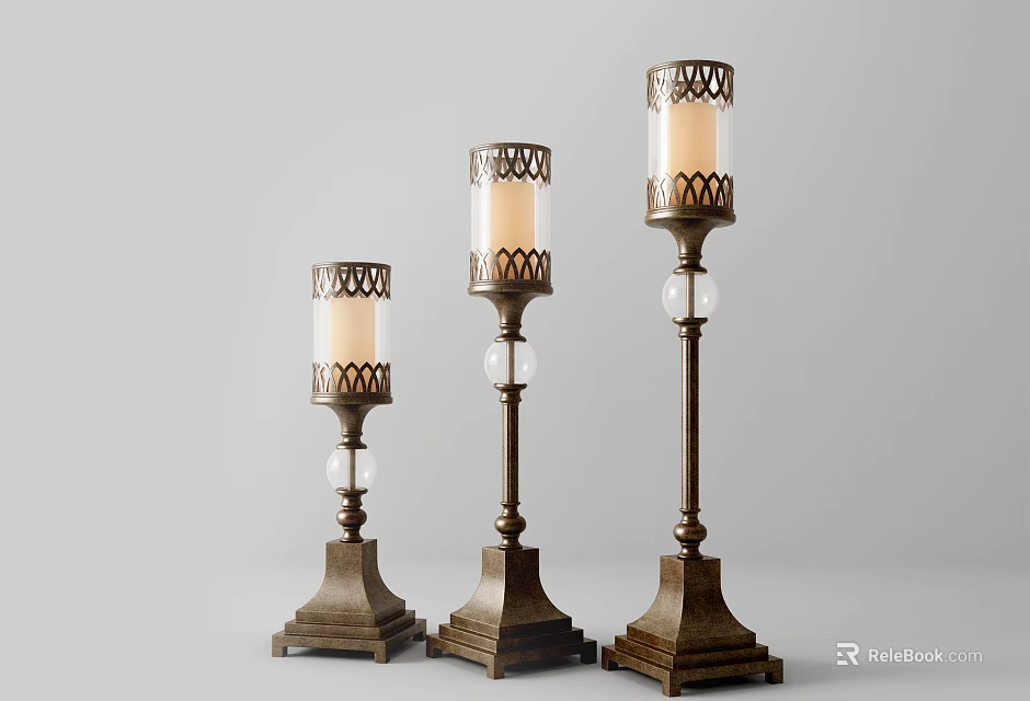 Three Stylish Floor Lamps With Intricate Metal Cutout Design Square Base And Glass Ball Accents 3d model 