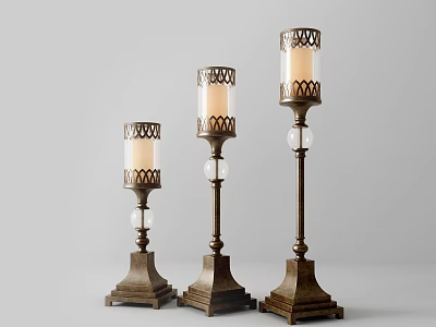 Three Stylish Floor Lamps With Intricate Metal Cutout Design Square Base And Glass Ball Accents 3d model
