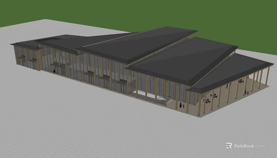 Contemporary Hotel Building With Sloped Black Roof And Large Glass Facades 3d model 