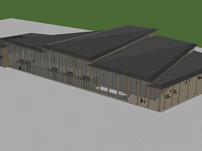 Contemporary Hotel Building With Sloped Black Roof And Large Glass Facades 3d model