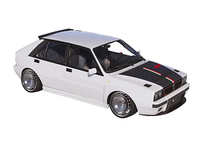White Classic Sporty Car With Black Roof Silver Wheels And Red Hood Stripes 3d model