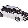 White Classic Sporty Car With Black Roof Silver Wheels And Red Hood Stripes