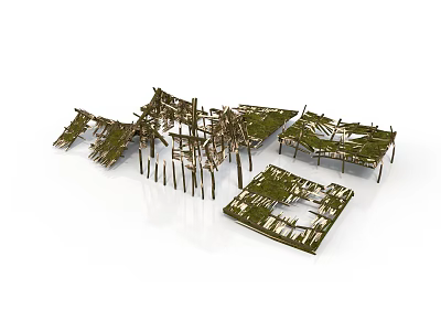 Wooden Scenic Components With Moss Covered Frames And Ruin Debris For Scene Building 3d model