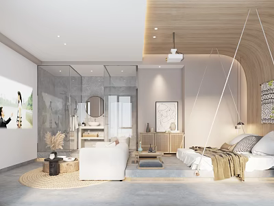 Minimalist Hotel Room Interior Design With Wooden Ceiling Sofa Projection Screen And Comfortable Bed 3d model