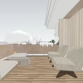 Villa Balcony With Misty Forest View Wooden Flooring Beige Chairs And Green Plants