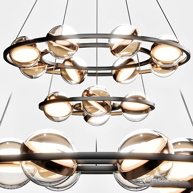 Modern Chandelier With Circular Metal Frames And Illuminated Glass Globes For Home Interior 3d model 