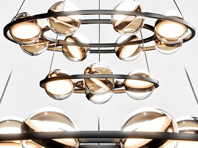Modern Chandelier With Circular Metal Frames And Illuminated Glass Globes For Home Interior 3d model
