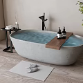Concrete Bathtub With Blue Water Wooden Tray And Black Bottles Near Slippers On Mat