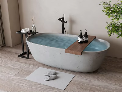 Concrete Bathtub With Blue Water Wooden Tray And Black Bottles Near Slippers On Mat 3d model