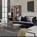 Elegant Modern Living Room Interior With Navy Sofa Glass Coffee Table Fireplace And Decorative Mirror