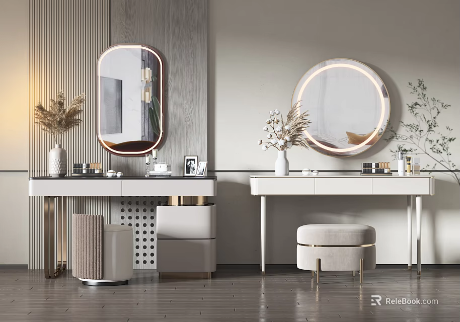Modern Double Dressing Table Interior With Round Mirrors Stools And Decorative Plants 3d model 