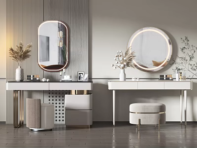 Modern Double Dressing Table Interior With Round Mirrors Stools And Decorative Plants 3d model