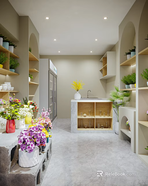 Elegant Florist Shop With Fresh Flowers Green Plants And Marble Countertop 3d model 