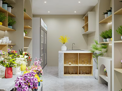 Elegant Florist Shop With Fresh Flowers Green Plants And Marble Countertop 3d model