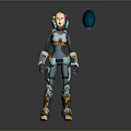 Futuristic Game Movie Character Armored Female With Tech Suit Orange Accents And Blue Orb