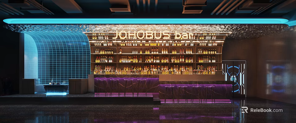 Modern Bar Interior With Purple Lighting Liquor Shelves And Stools 3d model 