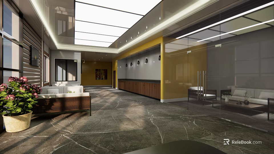 Modern Lounge Area Interior Design With Cozy Sofa Glass Walls And Decorative Art 3d model 