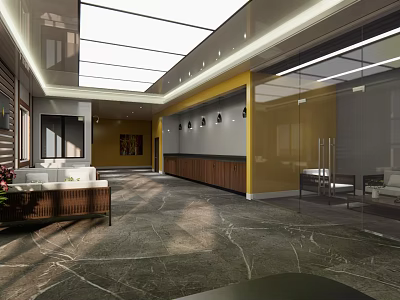 Modern Lounge Area Interior Design With Cozy Sofa Glass Walls And Decorative Art 3d model