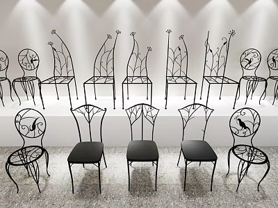 Artistic Iron Leisure Chairs With Unique Leaf Shaped Backrest And Black Seats 3d model