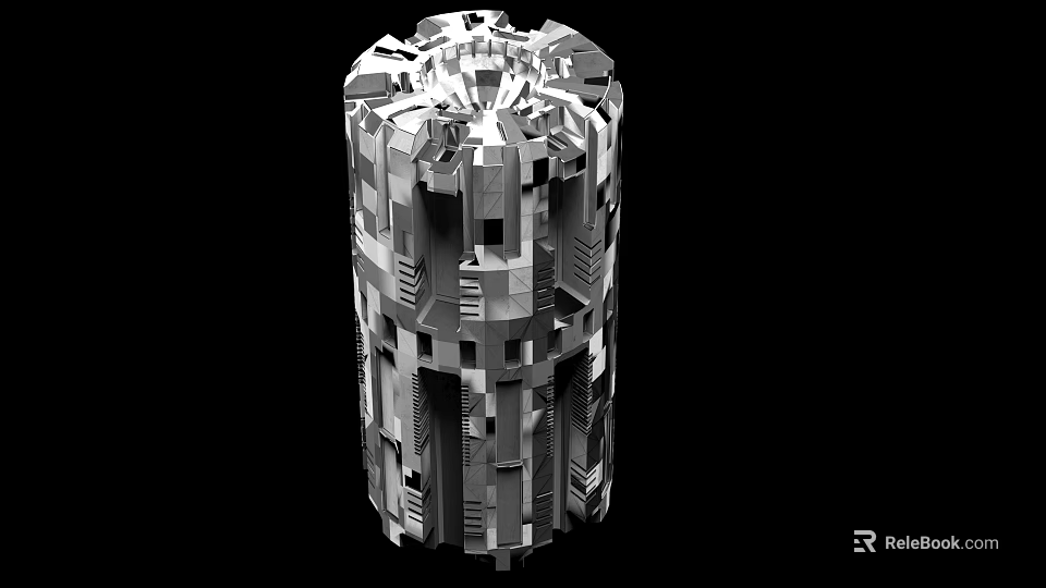 Cylindrical Industrial Equipment With Complex Mechanical Structure And Geometric Metallic Design 3d model 