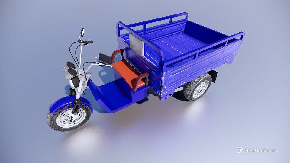 Blue Electric Tricycle With Cargo Bed Red Seat And Three Wheels 3d model 