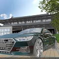 Green Audi Car Parked Front Chinese Style Building With Green Plants Blue Sky