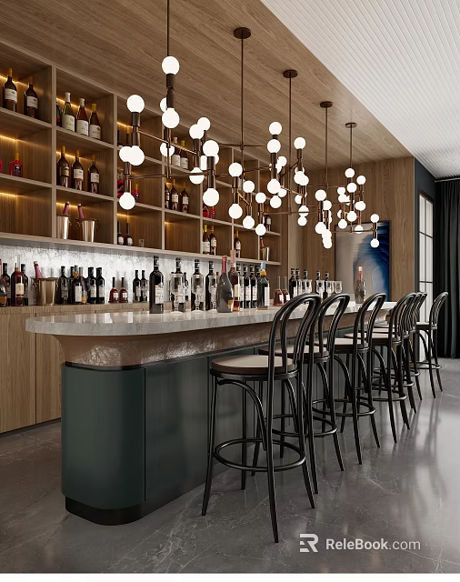 Modern Bar Interior With Bar Counter Pendant Lights Wooden Shelves And Bar Stools 3d model 