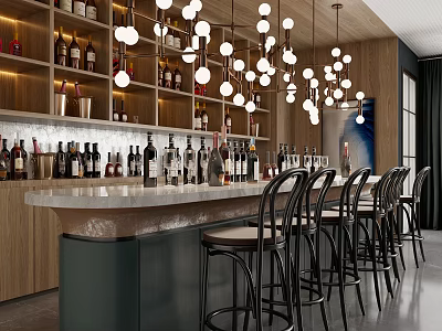Modern Bar Interior With Bar Counter Pendant Lights Wooden Shelves And Bar Stools 3d model