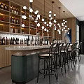 Modern Bar Interior With Bar Counter Pendant Lights Wooden Shelves And Bar Stools