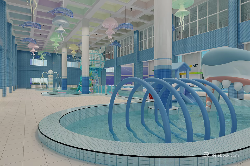 Swimming Pool With Colorful Jellyfish Decorations Blue Water Play Structures And Bright Interior 3d model 