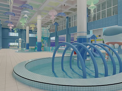 Swimming Pool With Colorful Jellyfish Decorations Blue Water Play Structures And Bright Interior 3d model