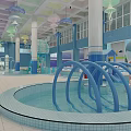 Swimming Pool With Colorful Jellyfish Decorations Blue Water Play Structures And Bright Interior