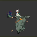 Whimsical 3D Floating Island Scene With White Cat Colorful Mushrooms And Small Fish