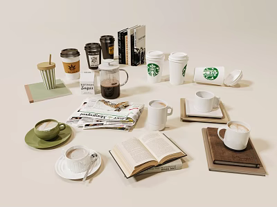 Starbucks Coffee Cups And Mugs With Books Magazines And Coffee Pot 3d model