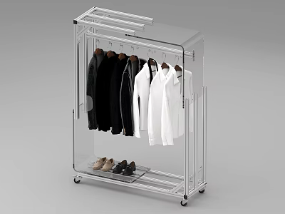 Transparent Clothes Rack With Wheels Hanging Black And White Clothes And Shoes 3d model