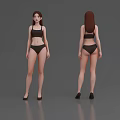 Woman In Black Lingerie And High Heels Showing Front And Back Views On Gray Background