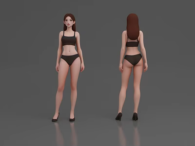 Woman In Black Lingerie And High Heels Showing Front And Back Views On Gray Background 3d model